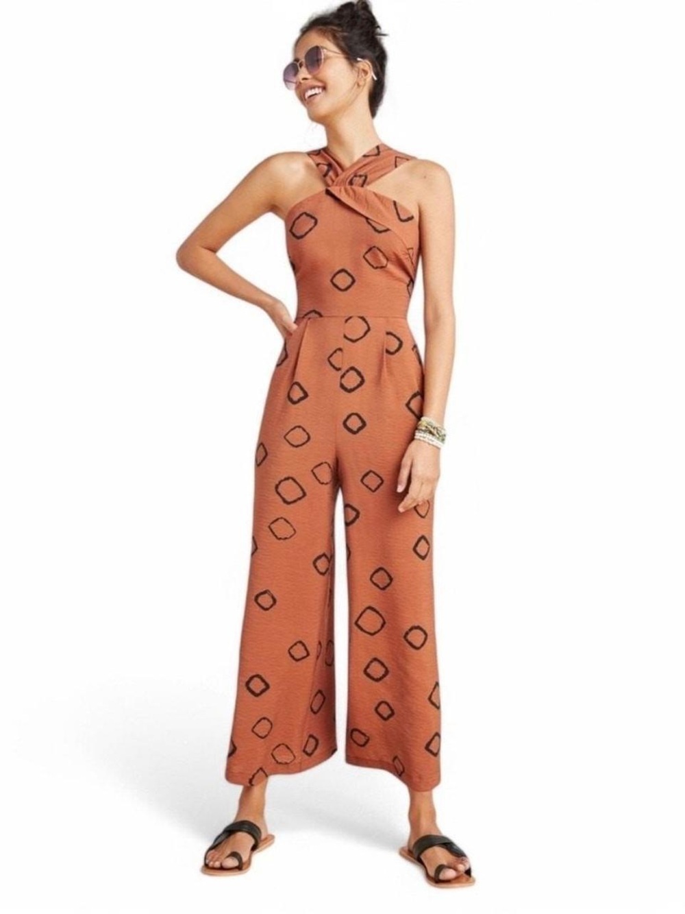 Eva Franco Anthropologie Rust Geometric Print Halter Wide Leg Jumpsuit Size 0